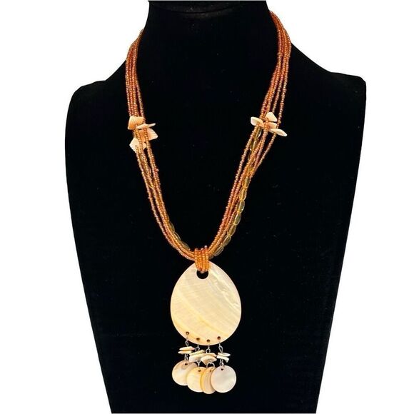Vtg Handcrafted Sea Shell Beaded Necklace Orange Multistrand Mother Of Pearl - Picture 1 of 5